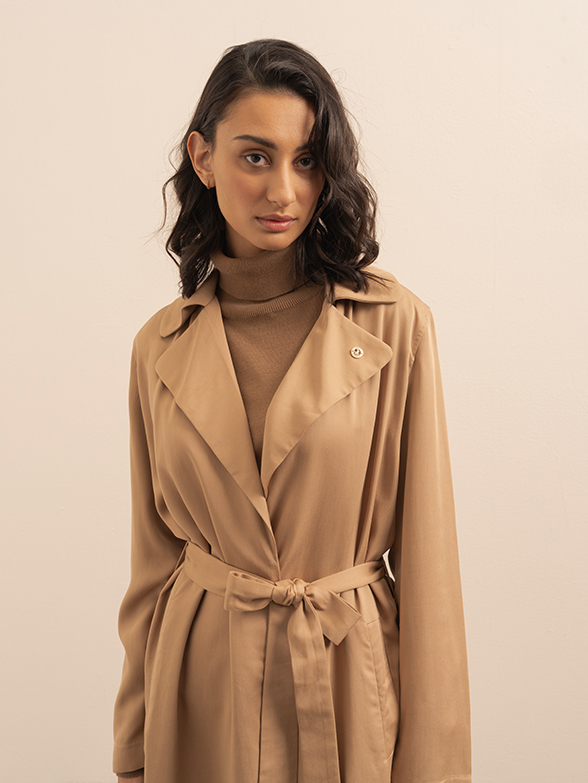 Polo Women Soft Camel Trench Coat Close Up