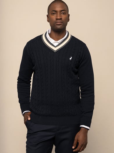 Mens Long Sleeve Cable V Neck Knitwear