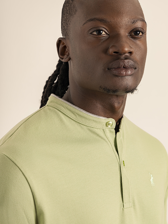Mens Short Sleeve Mandarin Collar Golfer Shirt - Front Side View